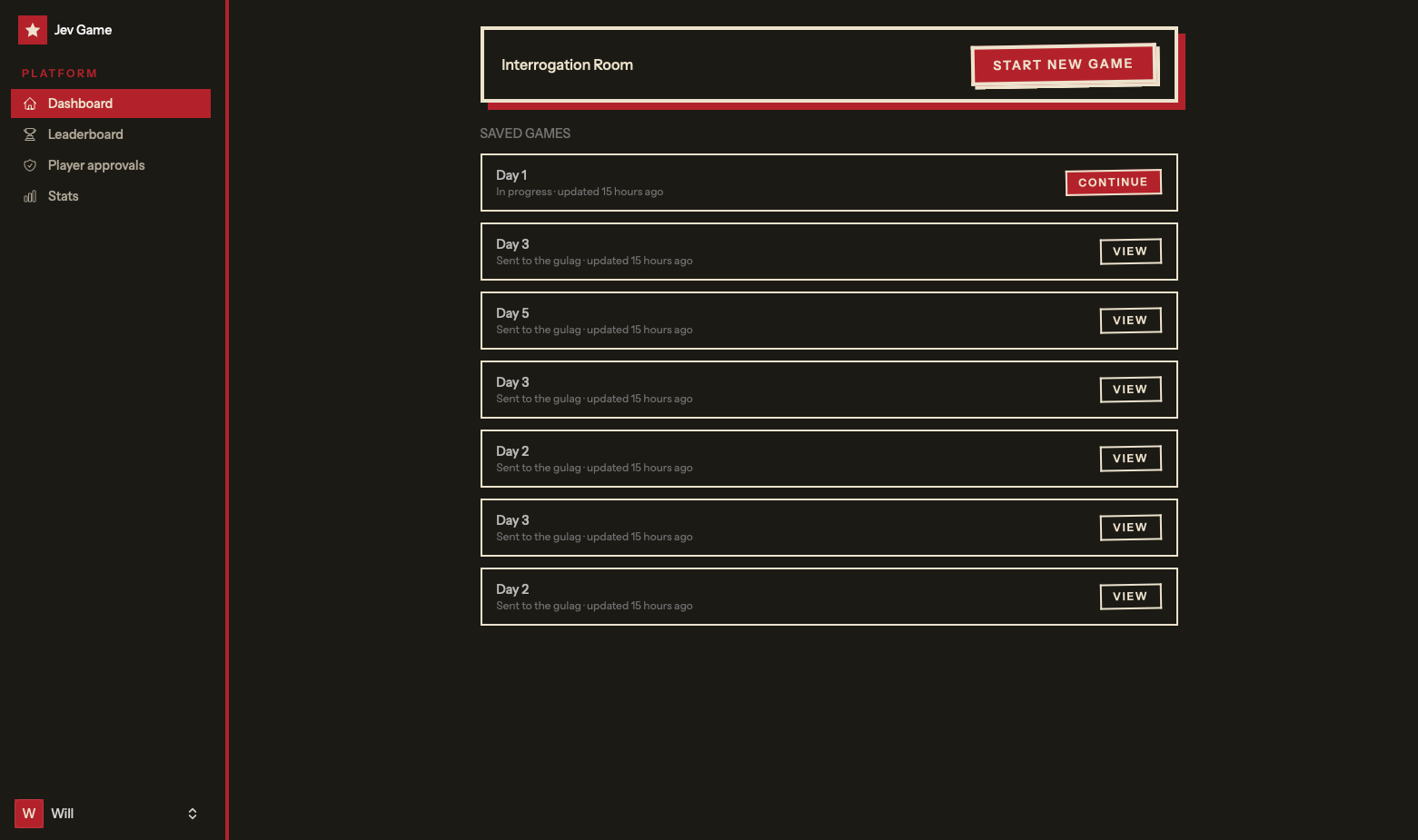 Jev Game dashboard with saved games